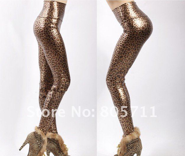 Hot Sale Gold Leopard Matte Imitation Leather Women's Sexy Leggings High Waist Skinny