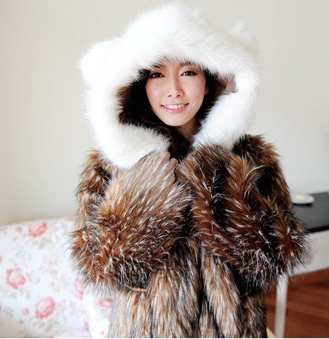 Hot Sale Japanese Style Cute Women Hood Faux Fur Coat / Blazers Long Hair Free Delivery