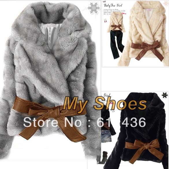 Hot Sale Korea Fashion Faux Fur Rabbit Hair Lady Warm Short Coat Jacket Fluffy Outwear Belted Black, Gray, Apricot 3376