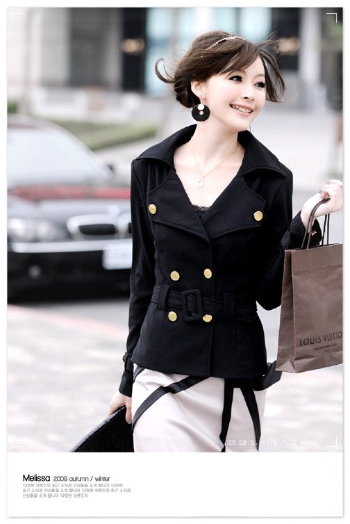 Hot sale! Korean new style double-breasted lady coat jacket short outwear belted+ free shipping