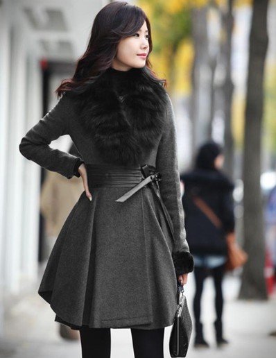 Hot Sale New Arrival High Quality Classical Fur Collar  Leather Collect Waist Long Coat Free Shipping