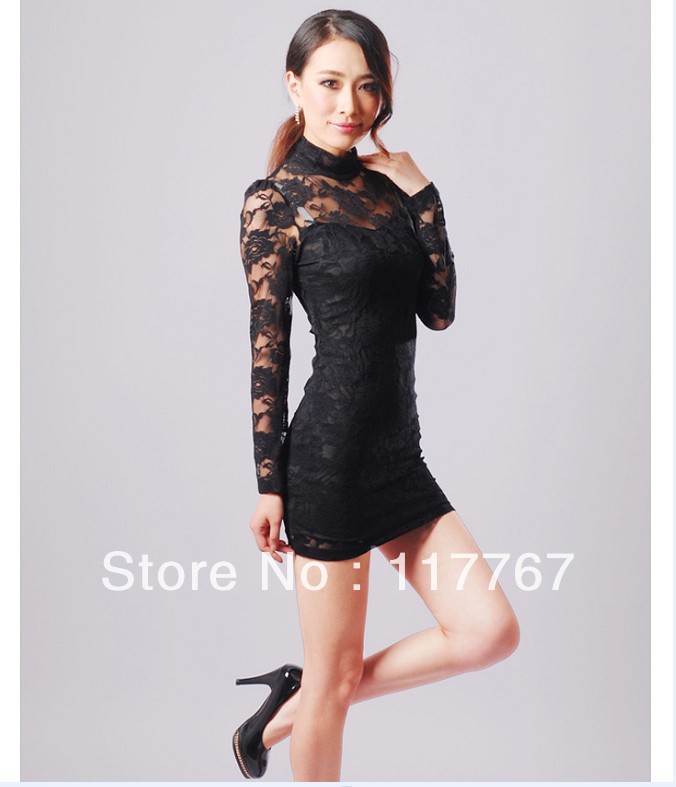 HOT SALE!!!! New Arrival Pretty Black Lady Long-Sleeve Sexy Lace Slim Clubwear Polo Neck Dress Free Shipping 650727