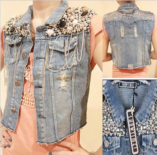 Hot sale new design women denim spring autumn sleeveless patchwork broke beading paillette vest lady fashion outerwear