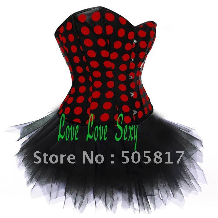 HOT SALE ploka dot satin corset Sexy party costume with black Mini TUTU Skirt  women clothes bustier black white red QM071T