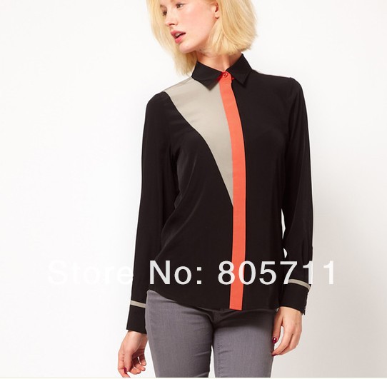 Hot Sale Promotion Long Sleeve Contrast Color Loose Chiffon Shirts  Women's Blouse New Fashion 2012