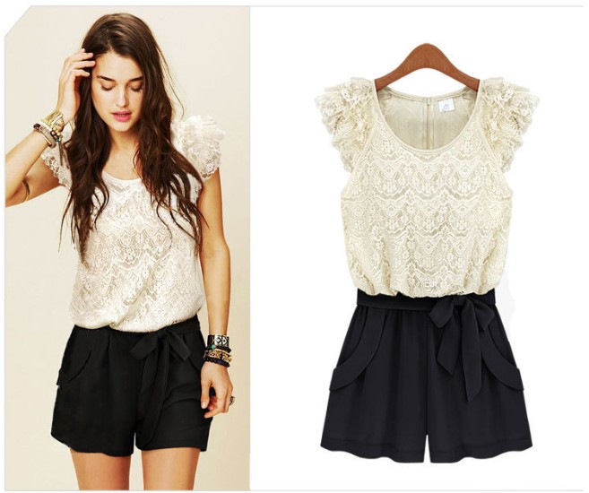 Hot Sale! Rompers Lace Openwork Stitching Collision Color Ladies Siamese Culottes Summer Women Dress Retail / Wholesale