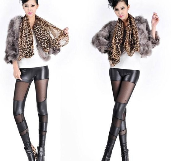 Hot Sale Sexy Black slim fit Patchwork Gauze Imitation leather Charming leggings Stylish women's stretch pants 2012 New