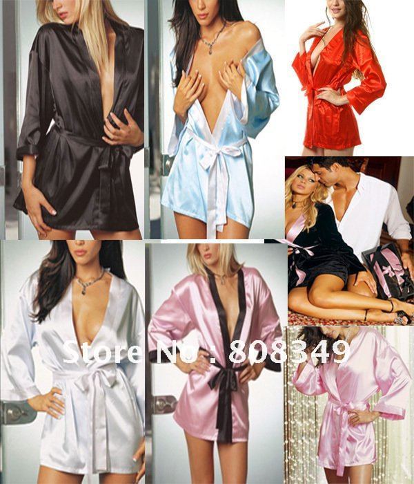 HOT Sale Sexy Comfortable 6 Colors Lingerie Silk Nightdress Bath Robe Sleepwear Black/Red/Pink/White  Lingerie free shipping