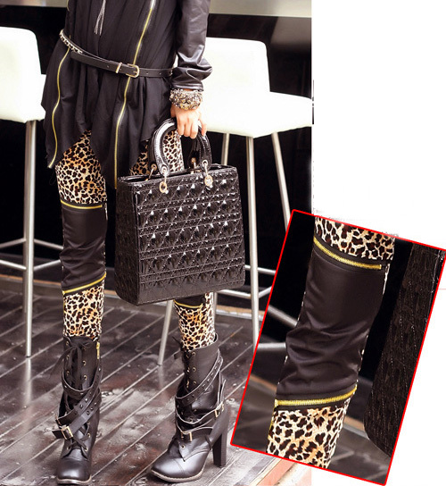 Hot Sale Sexy Fashion Imitation Leather Patchwork Zipper Leopard Leggings Thin  Styles Women's Clothes[040248]