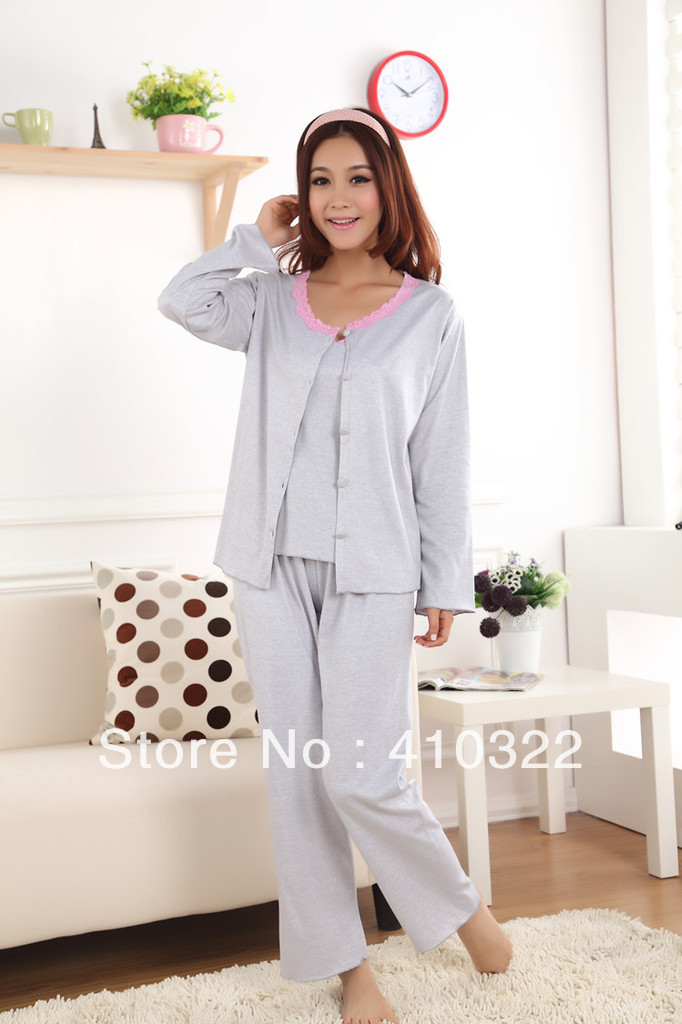 Hot Sale Spring / Autumn Fashion Women pajamas Sets in Gray Off Shoulder Pyjamas Sleepwear P6836 Free Shipping 1 set/Lot