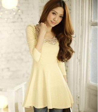 Hot Sale Sweety Paillette Decorated Turn-down Collar Collect Waist Dress Free Shipping