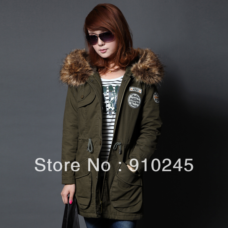 Hot sale winter thickening cotton-padded Army Green large fur collar jacket outerwear free shipping