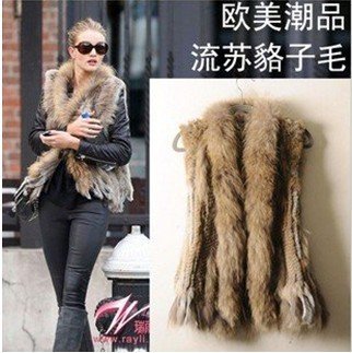 Hot Sale Woman Knitted Rabbit Fur Vest With Raccoon Dog Fur Collar Coat/Gilet/waistcoat/Jacket Retail/wholesale