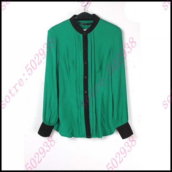 Hot Sale Women Blouse Cotton Contact Color Pleated Long Sleeve Shirt Freeshipping