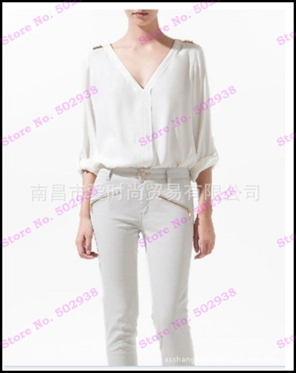 Hot Sale Women Chiffon Blouse Solid Color Studs and Spikes V-Neck Shirt Freeshipping