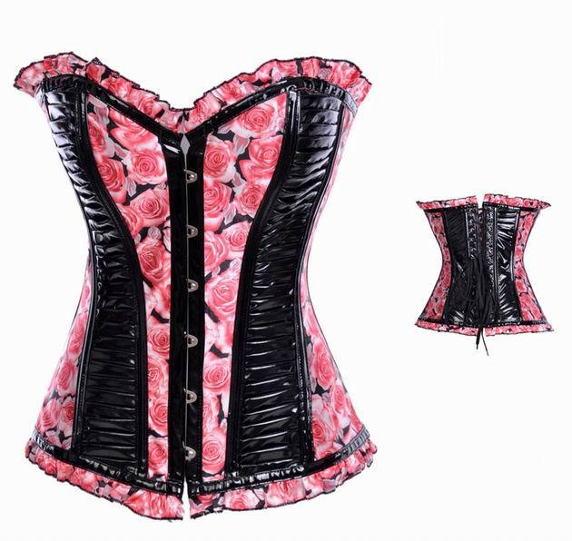 Hot Sale Women  Lace up back Corset Top Rose with PVC Bustier With Matching thong