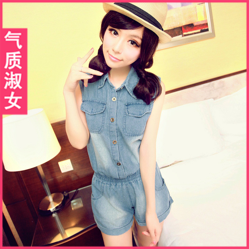 Hot sale Women's 2013 autumn new arrival casual double pocket jumpsuit denim shorts k593 summer