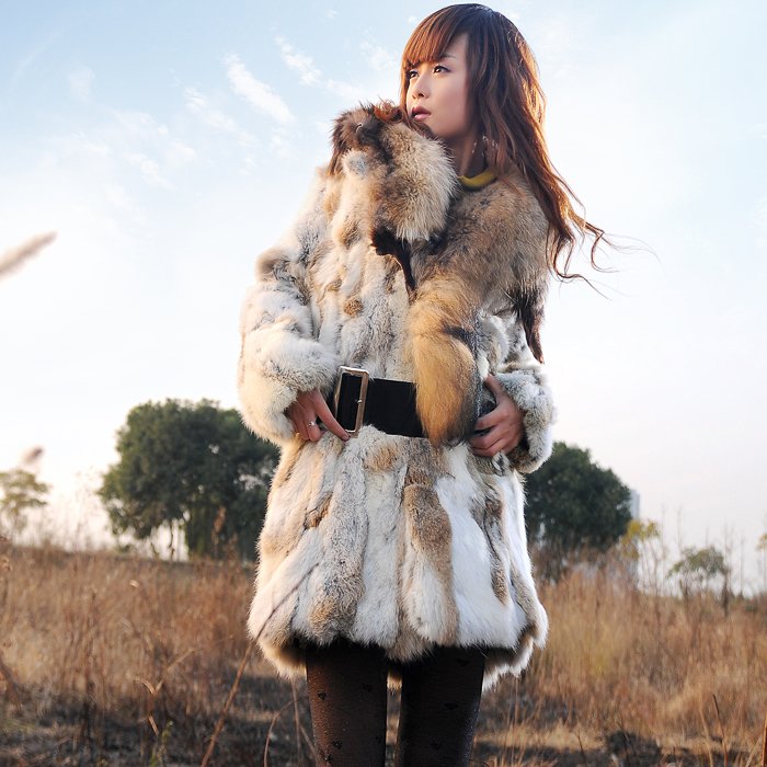 Hot Sale Women's Fur Coat Waist Type Long Design Fur Interdiffused Charm Fashion Warm Rabbit Fur Coat Size XS S M L XL