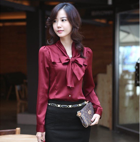 hot sale womens designer blouse with bowtie solid color size S/M /L/XL office style shirts for lady free shipping