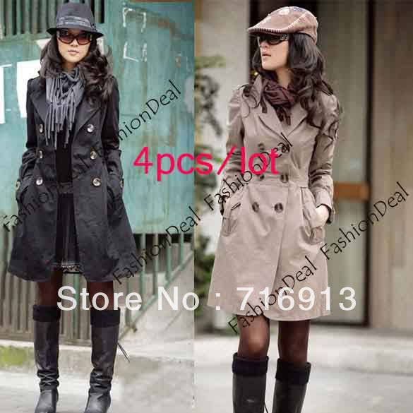 Hot SaleFree Shipping 4Pcs/lot new Cotton women's coat Slim Double-breasted Trench Coat Casual Long Outwear M,L,XL 3375