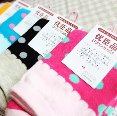 Hot Sales ! Free Shipping Candy Color Autumn And Winter Women's 100% Cotton Socks With Wave And Dot  HZX0049