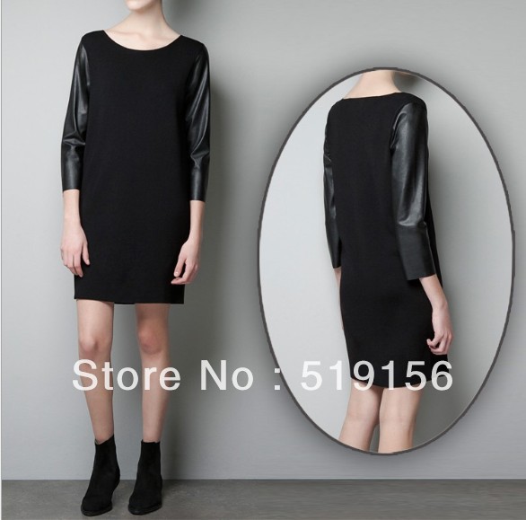 Hot sales in 2013,Fashion PU leather sleeve round neck Slim Women Dress ,lady's dress,brand dress