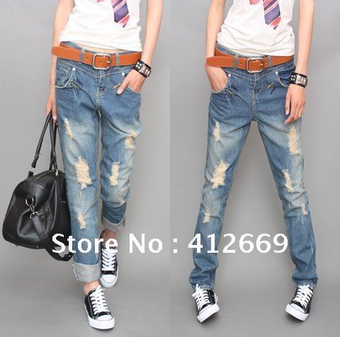 Hot Sell ! Free shipping  Jeans women / Winter  hole straight jeans pants, Denim trousers ZC 6005