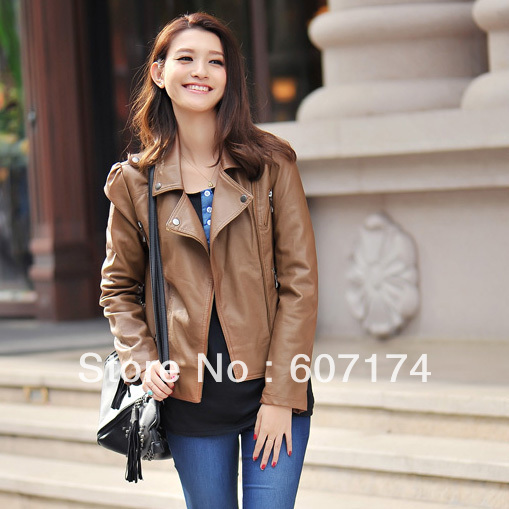 Hot sell&High quality stylish women long-sleeve oblique zipper PU leather jacket size:S-L Top recommend!!!