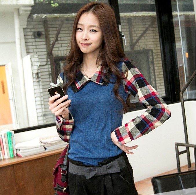 Hot sell ladies fashion shirt,Women's blouse,Splicing grid shirt , Higher quality ,,Free Shipping