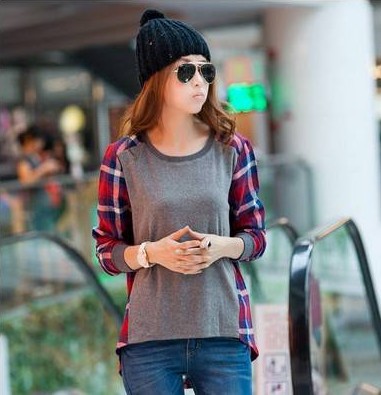 Hot sell ladies Scotland Style fashion shirt,Women's blouse,Splicing grid shirt , Higher quality ,Free Shipping 12253