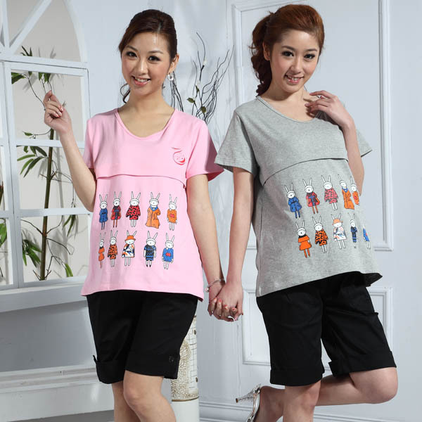 Hot Sell Lucky summer maternity clothing knitted 100% cotton rabbit print maternity top nursing clothing h8582