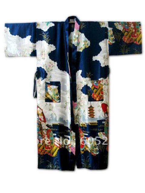 HOT SELL New Chinese Women's Silk Satin hand painting intimate&Sleep kimono robe gown Nightwear peri size S-XXXL Navy blue