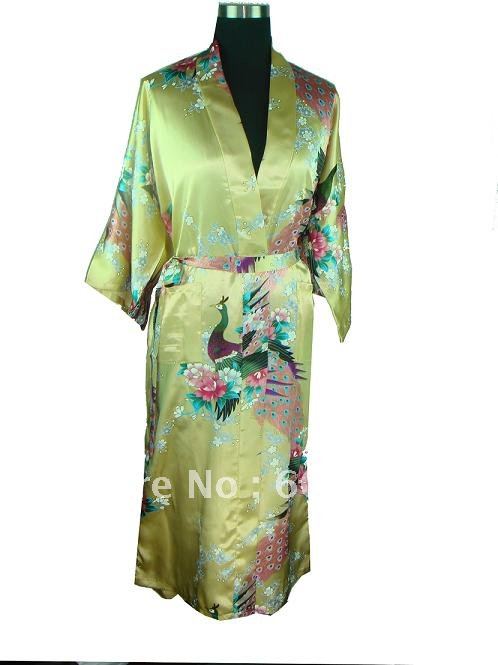 HOT SELL New Chinese Women's Silk Satin kimono robe gown Nightwear Gold peafowl size S/M/L/XL/XXL/XXXL"LGD S0033 "