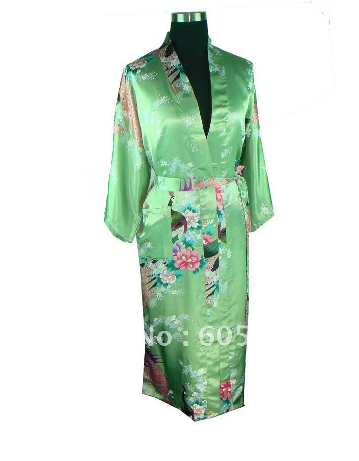 HOT SELL New Chinese Women's Silk Satin kimono robe gown Nightwear Green peafowl size S/M/L/XL/XXL/XXXL"LGD S0035 "