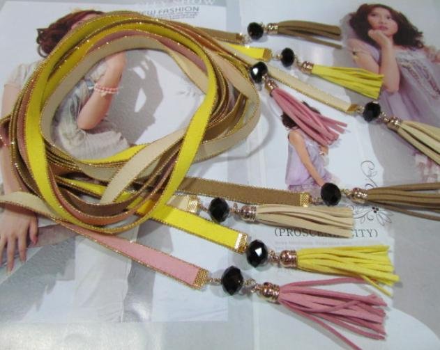 Hot sell!Nubuck leather candy color crystal pendant tassel thin belt A14190061979