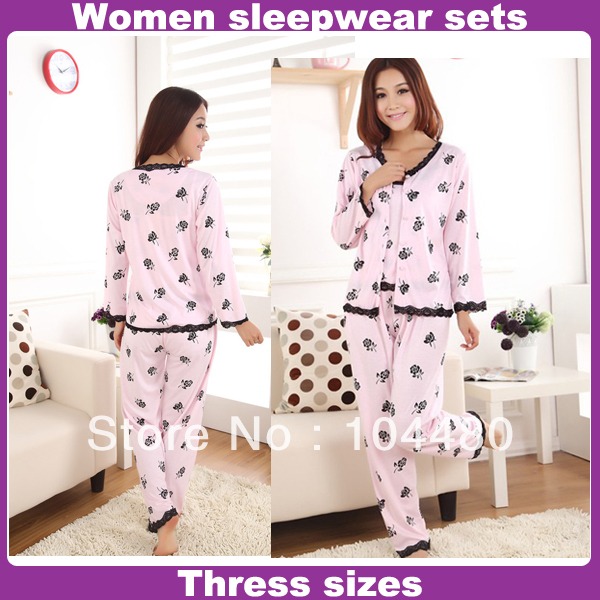 Hot-selling 100% cotton Autumn and winter women's lace rose pink long-sleeve thickening sleepwear set