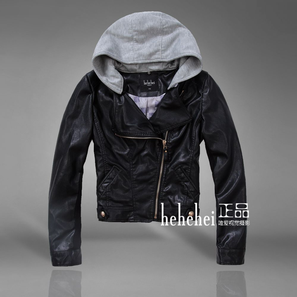 HOT SELLING 2012 fashion autumn oblique zipper hooded leather clothing outerwear small europe style