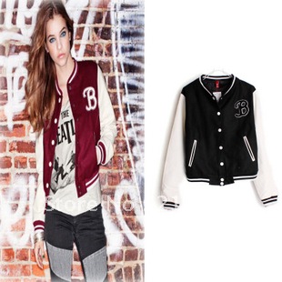 Hot Selling! 2012 Korean Fashion Stand-collar Patchwork Short Baseball Jacket Women Black