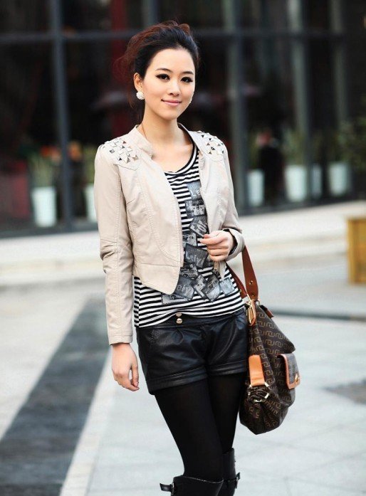 Hot Selling! 2012 New Fashion Womens Gray Top leather Jacket Korea  Rivet  Zipper Short Coat Outerwear PU Leather Jacket  P7