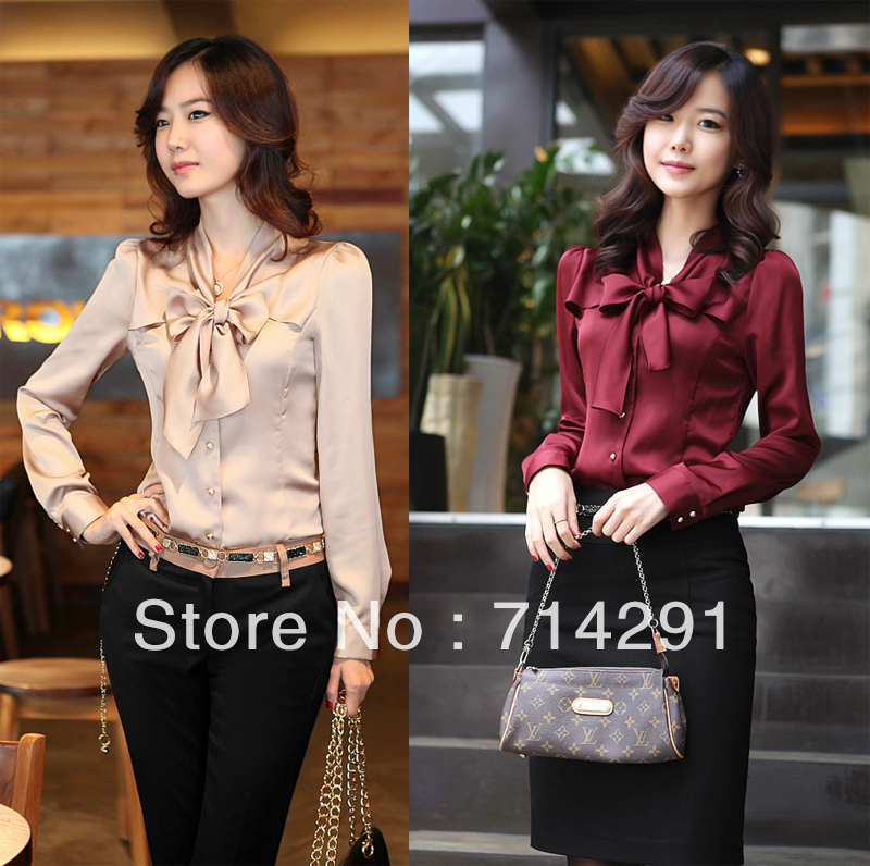 Hot-selling 2012 women's bow slim silk long-sleeve shirt female shirt