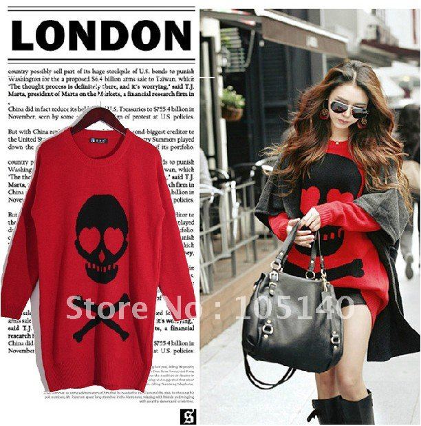 Hot selling 2013 new arrival fashion women black big skull knitted long design red sweater shirt free shipping