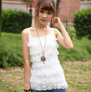 Hot-selling 2013 spring all-match diamond-studded lace spaghetti strap layers of cake small vest knitted spaghetti strap top