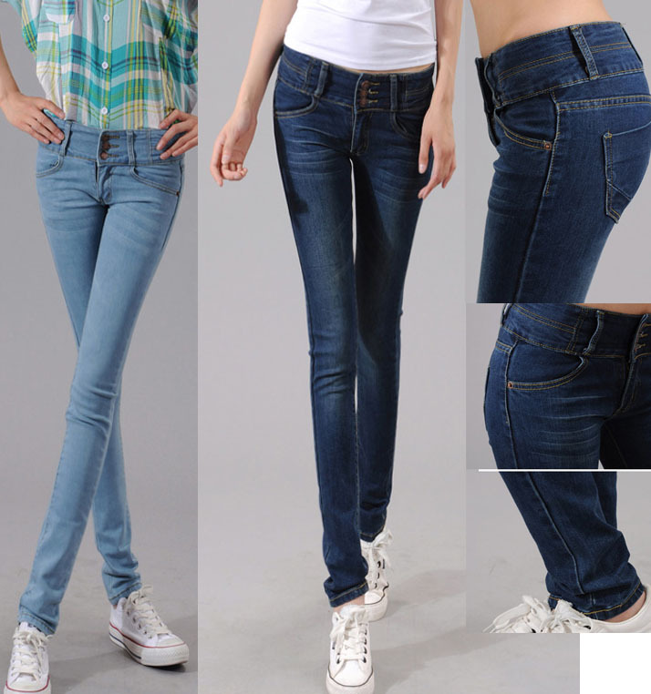 Hot-selling 3 breasted mid waist elastic jeans female pencil pants skinny pants plus size fashion jeans women Free shipping