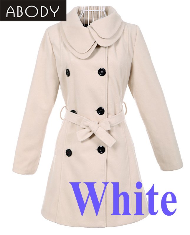 Hot-Selling !!  ABODY  Fashion Women's Trench Coat Lady Winter Coat Outerwear Double Breasted White ,Free Shipping Wholesale