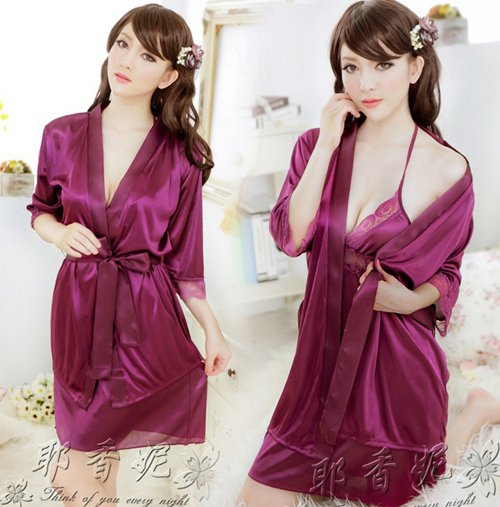 Hot-selling autumn and winter solid color robe bathrobes suspender skirt female deep V-neck lace sexy charming sleep set lounge