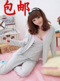 Hot-selling autumn and winter women's 100% cotton sleepwear long-sleeve grey piece set sexy princess