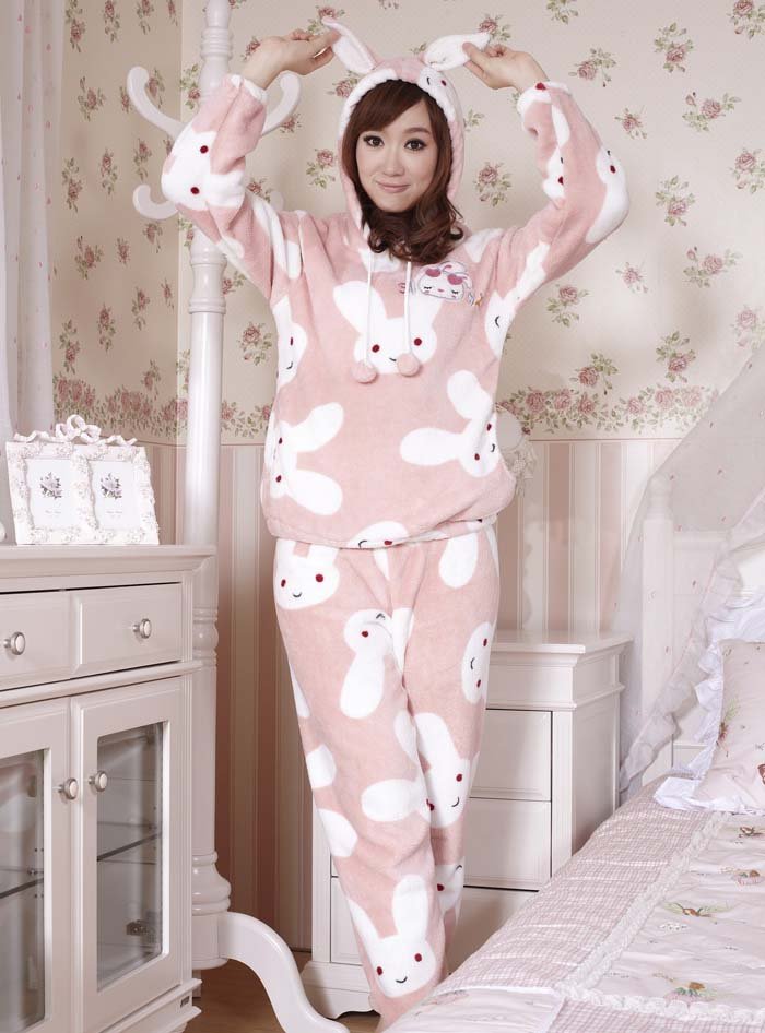 Hot selling autumn / winter rabbit cartoon female thickening long-sleeve women pajamas sets coral fleece clothes sleepwear