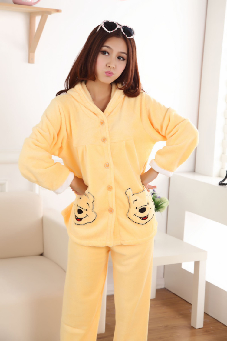 Hot-selling bear with a hood Women coral fleece thickening sleepwear autumn and winter long-sleeve pants casual lounge set