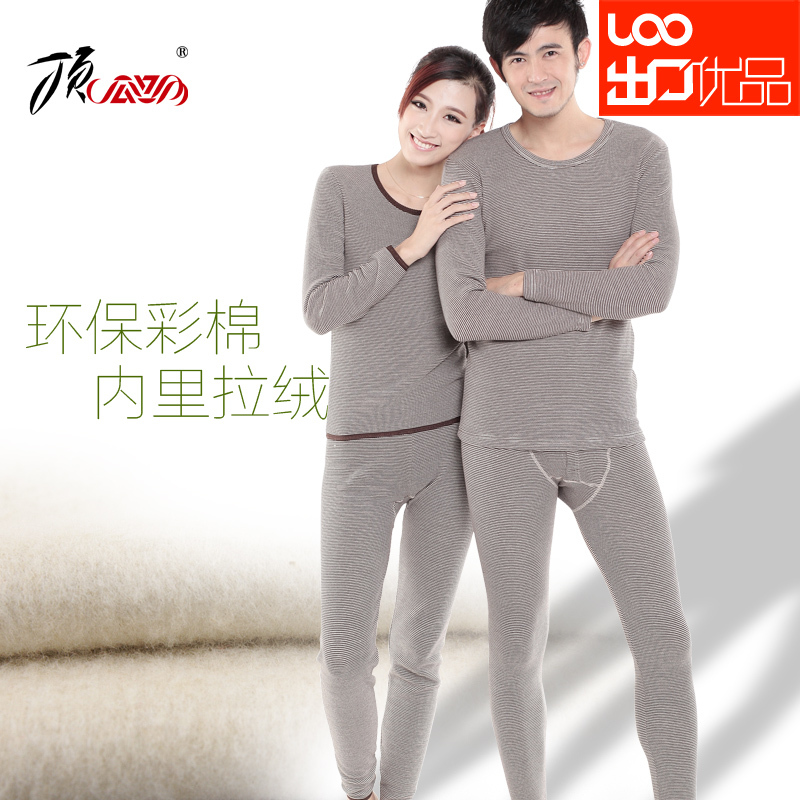 Hot-selling colored cotton o-neck plus velvet thickening lovers thermal underwear set