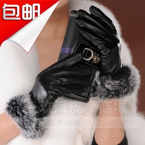 Hot-selling fashion big rabbit fur sheepskin gloves Women gloves lining velvet genuine leather thermal Free Shipping